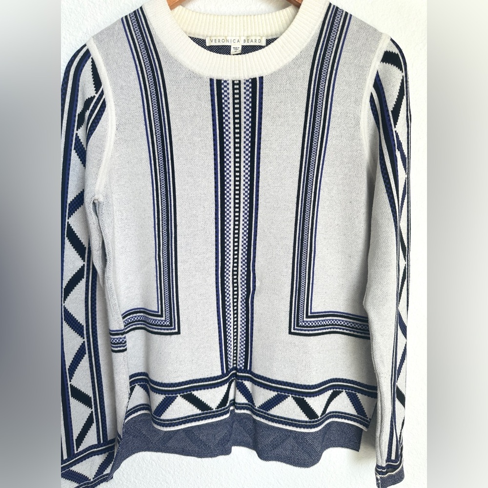 Veronica Beard Geometric‎ Knit Crewneck Sweater Ivory Navy Size Medium - Picture 4 of 12